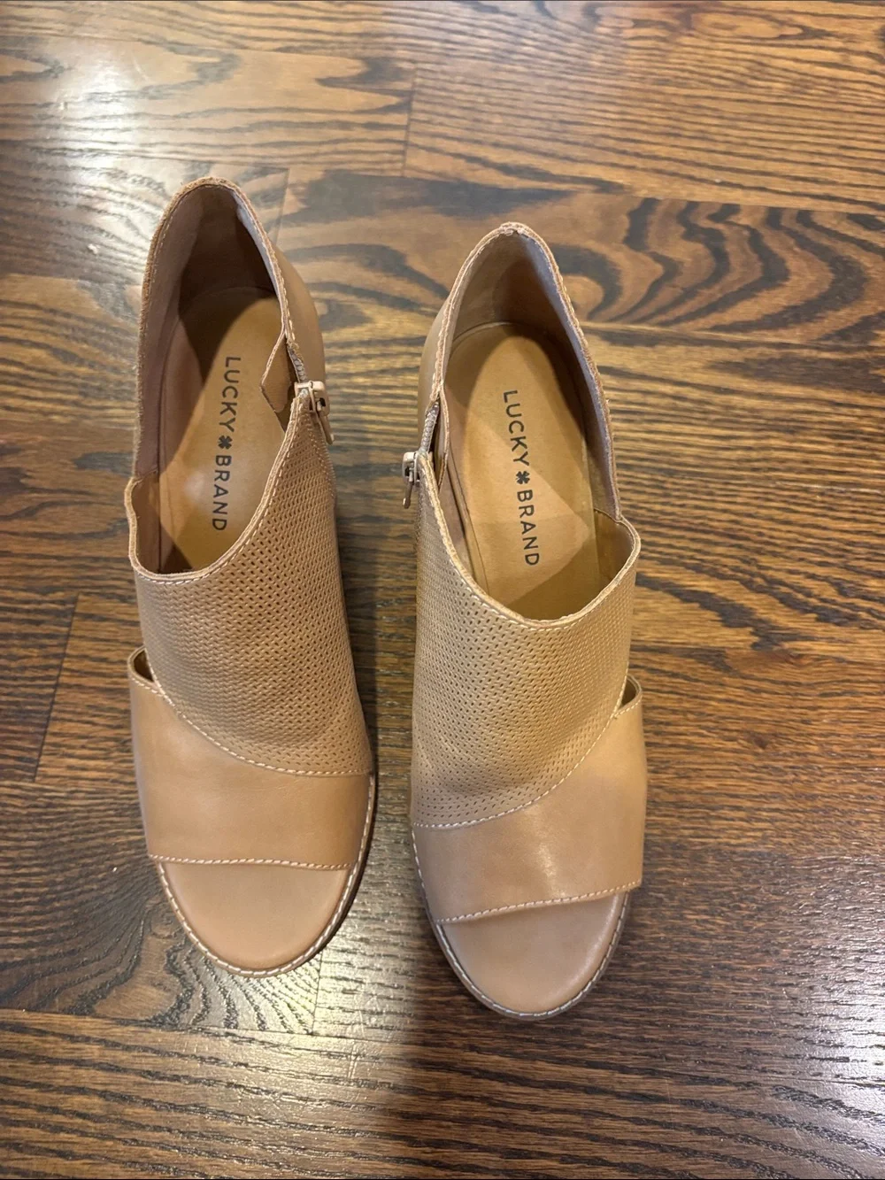 Lucky Brand Tan Perforated Open-Toe Wedge Booties